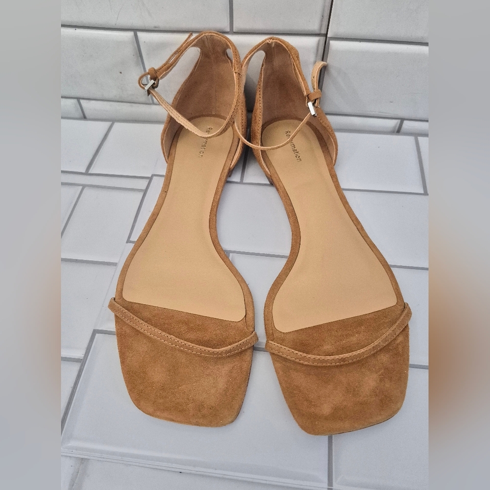 Reformation Mirella Ladies Tan Suede Ankle Strap D’orsay Flat Sandal Open Toe